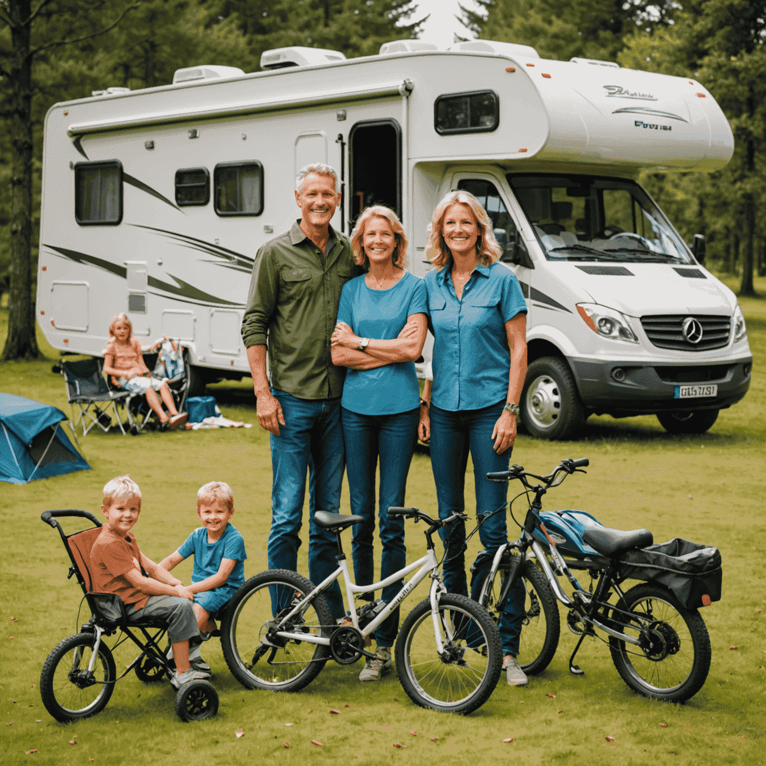 Eine glückliche Familie steht vor ihrem Wohnmobil, umgeben von Campingausrüstung wie Stühlen, einem Grill und Fahrrädern