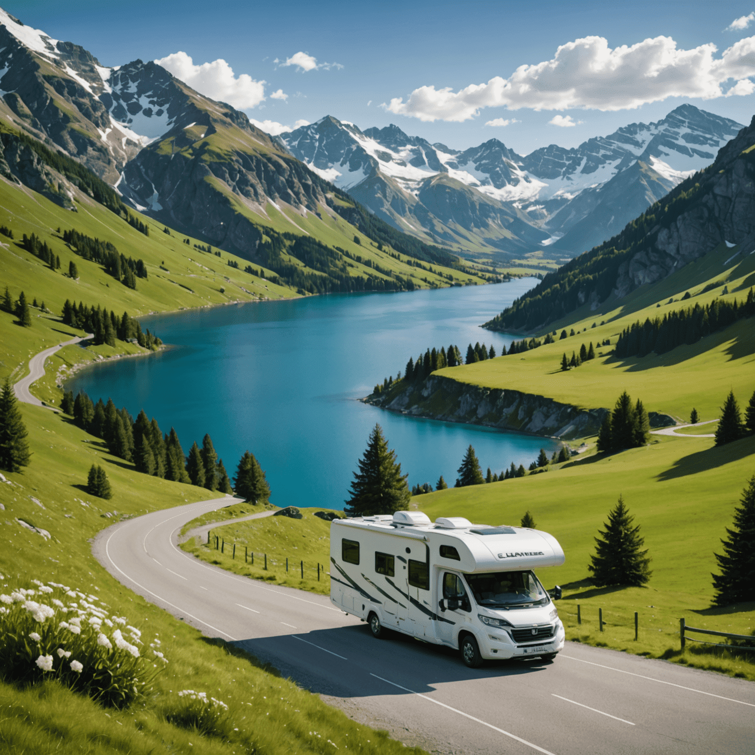 Eine malerische Landschaft mit einem Wohnmobil, das auf einer kurvenreichen Straße durch grüne Hügel und an einem kristallklaren See vorbeifährt. Im Hintergrund sind schneebedeckte Berge zu sehen.