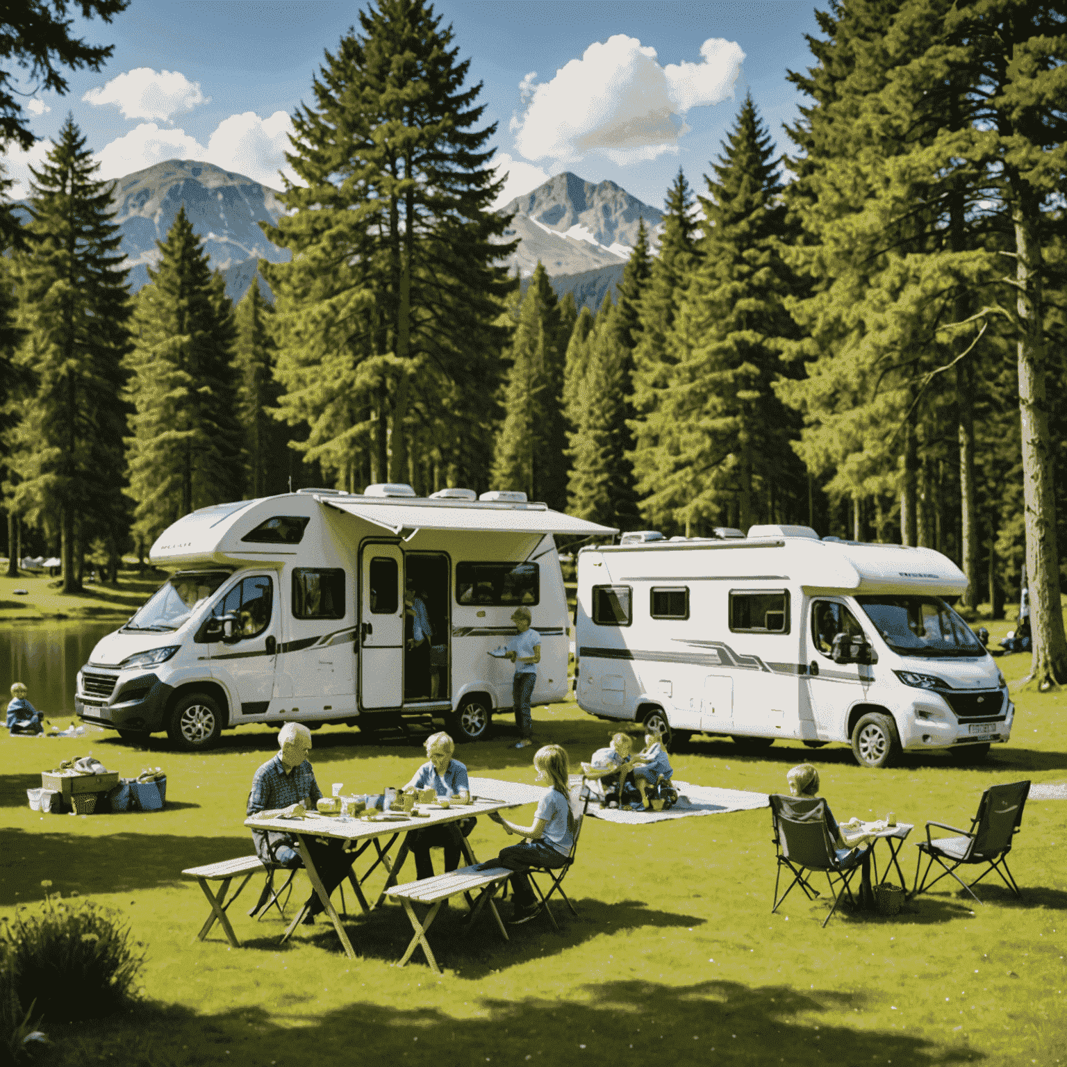 Eine fröhliche Familie, die ihr Wohnmobil auf einem idyllischen Campingplatz aufstellt. Im Hintergrund sind Bäume und ein See zu sehen.