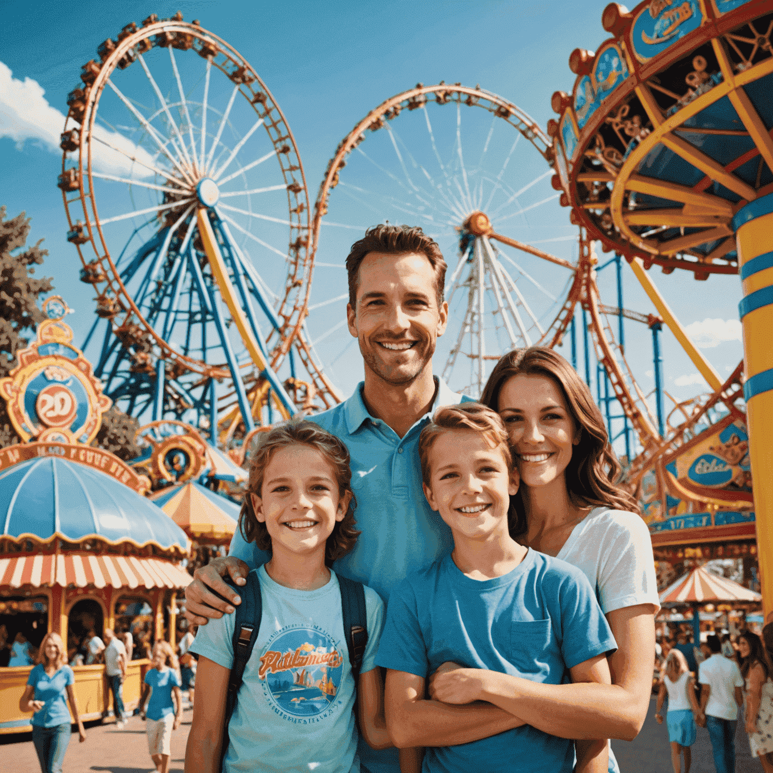 Eine fröhliche Familie vor einem Freizeitpark mit Achterbahnen und bunten Attraktionen