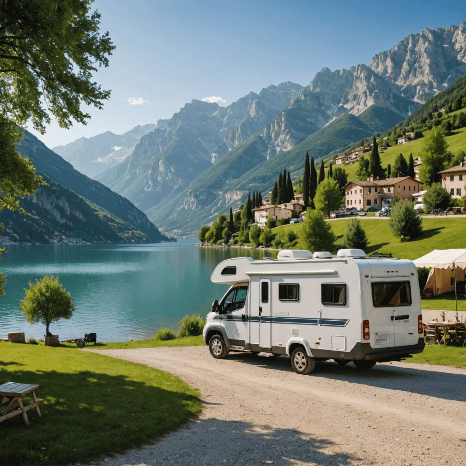 Ein Wohnmobil parkt auf einem Campingplatz am Ufer eines italienischen Sees. Im Hintergrund sind malerische Berge und eine kleine Stadt mit bunten Häusern zu sehen.