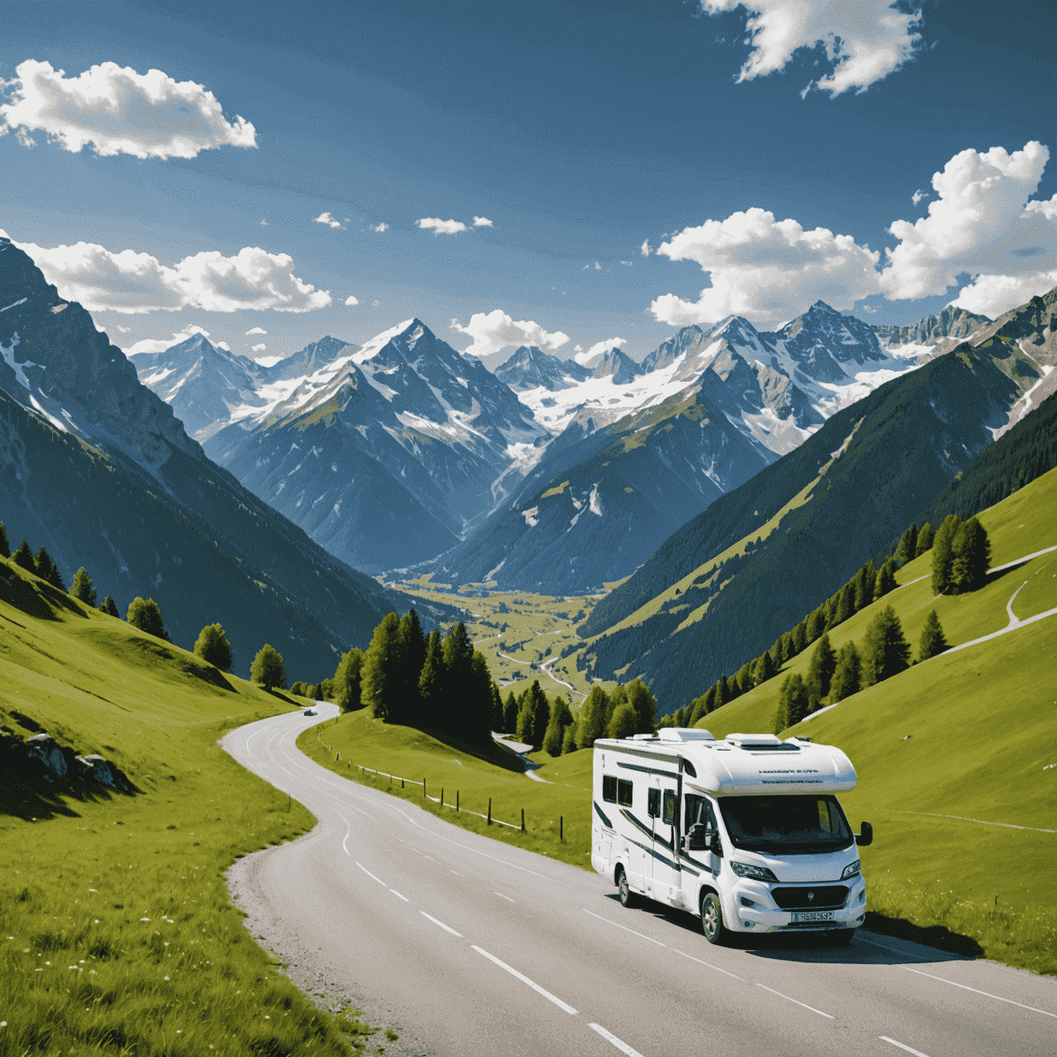 Blick auf die Alpen mit schneebedeckten Gipfeln, grünen Wiesen im Vordergrund und einem Wohnmobil, das auf einer kurvenreichen Bergstraße fährt.